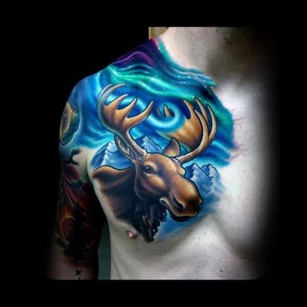 Incredible Northern Lights Colorful Moose Sky Tattoos For Men On Chest