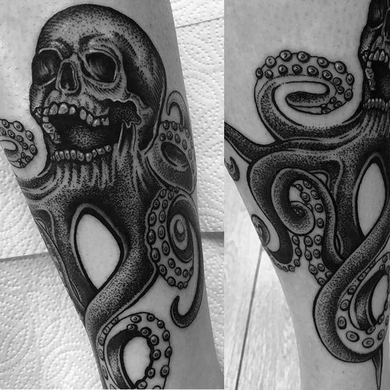 Skull with a wide grin, entwined by octopus tentacles, detailed with dotwork shading to create a bold and dynamic black-and-grey design.