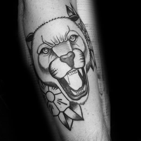 Incredible Old School Traditional Mountain Lion Head Leg Tattoos For Men