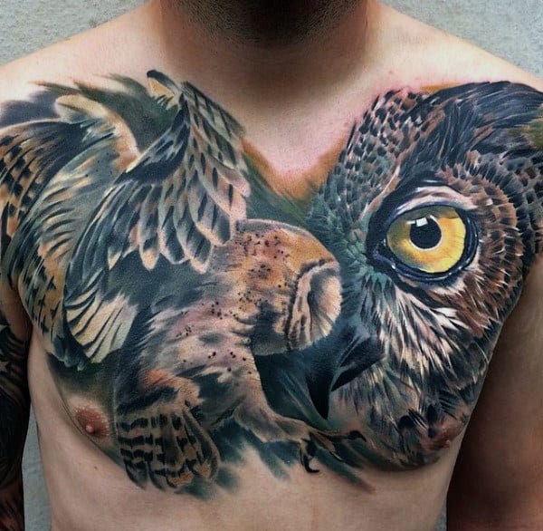Incredible Owl Modern Guys Upper Chest Tattoo Ideas
