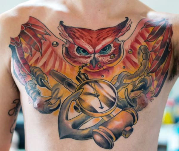 Incredible Owl With Anchor Male Chest Tattoo