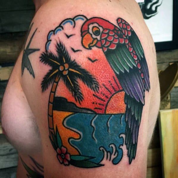 Incredible Parrot With Ocean Beach Tattoos For Men Upper Arm