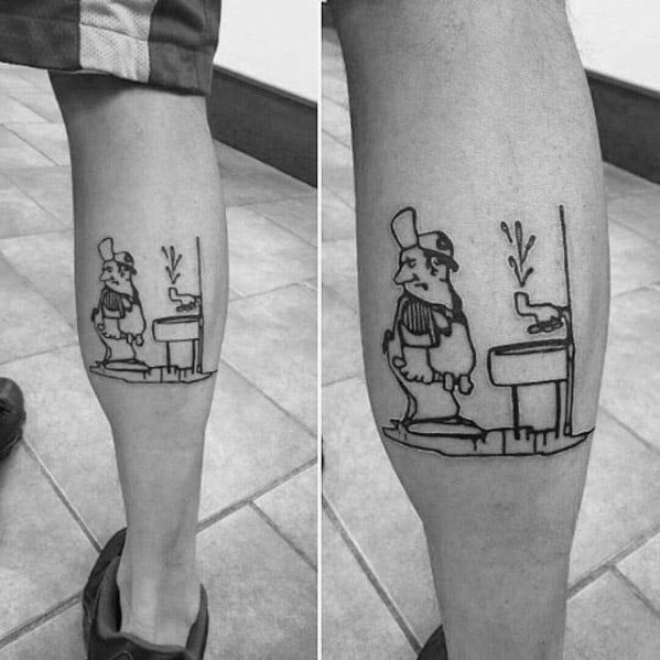 Black linework tattoo of a cartoon plumber standing next to a leaking sink, with water spraying upward in a humorous scene.