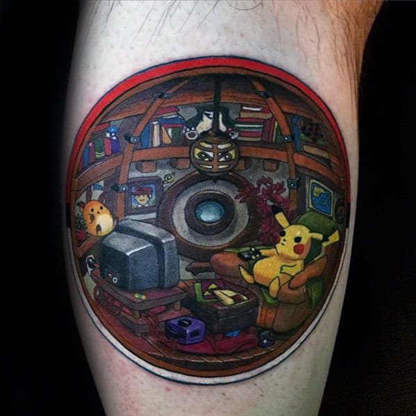 Cozy Pokeball interior tattoo featuring Pikachu lounging in a detailed room with a TV, bookshelves, and gaming setup.