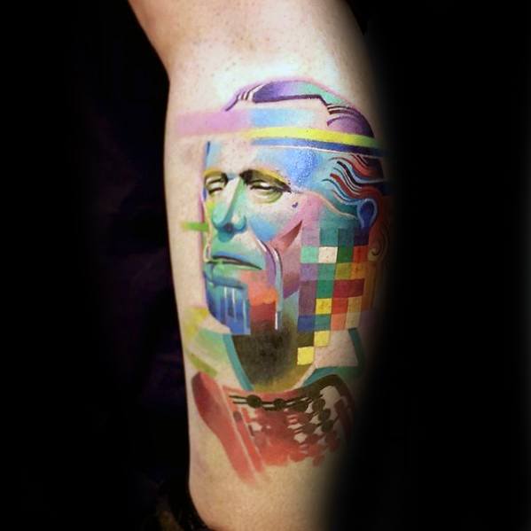 Incredible Portrait Pixel Tattoos For Men On Side Of Leg