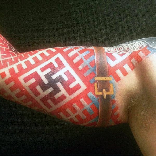 Incredible Red Ink Arm Sleeve Tattoo For Guys