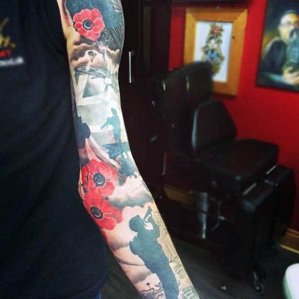 Incredible Rememberence Poppy Sleeve Tattoos For Men