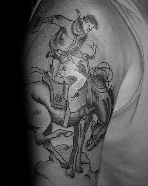 Black and grey tattoo of a cowboy riding a bucking horse, featuring bold outlines, minimal shading, and dynamic motion for a classic Western look.