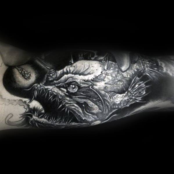Incredible Shaded Inner Arm Sleeve Angler Fish Tattoos For Men