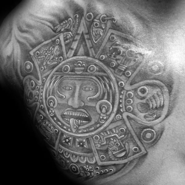 Incredible Shaded Upper Chest Mayan Calender Tattoos For Men