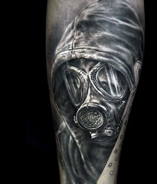 Incredible Shading Male Gas Mask Tattoo On Back Of Leg Calf