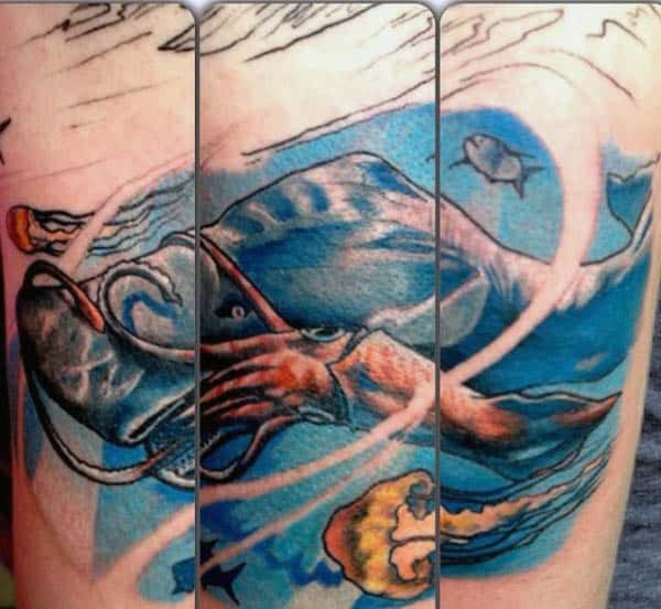 Incredible Shark Eating Squid Underwater Mens Tattoo On Arm