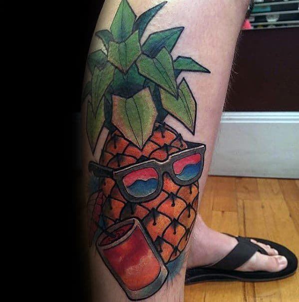 Incredible Side Of Leg Tropical Pineapple Tattoos For Men