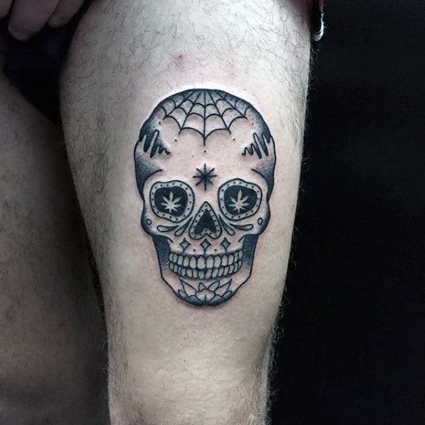 Incredible Skull Sugar Tattoo For Guys On Thigh