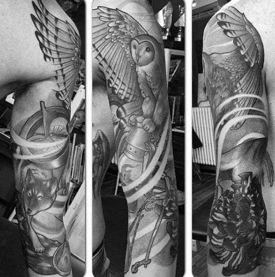 Incredible Sleeve Barn Owl Guys Black And Grey Tattoo Designs