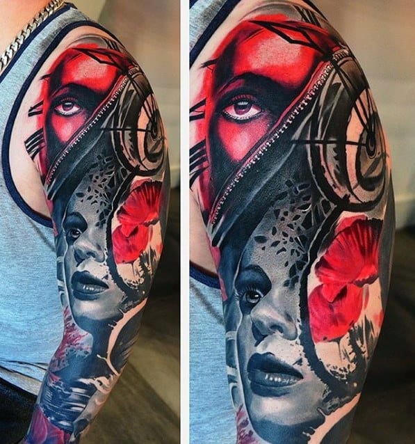 Surreal full-sleeve tattoo blending two female faces, vivid red eyes and poppies, with abstract patterns and monochrome realism.