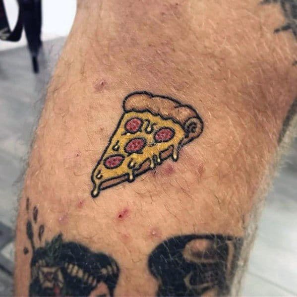 Incredible Small Simple Leg Pizza Tattoos For Men