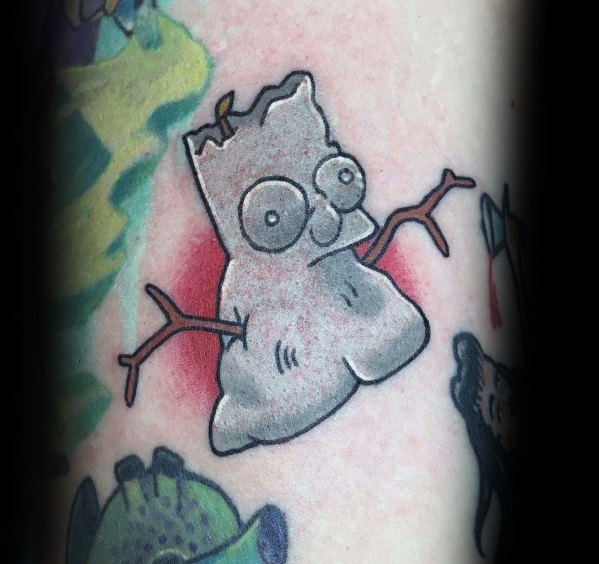 Quirky snowman tattoo with a melting, cartoonish design, twig arms, and a shocked expression, blending humor and a unique artistic style.