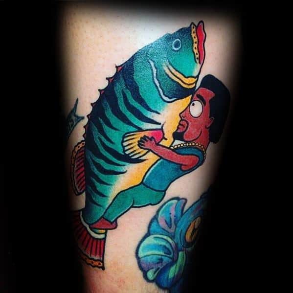 Vibrant South Park tattoo of Chef hugging a giant fish, featuring bold colors and cartoonish details for a fun and unique design.