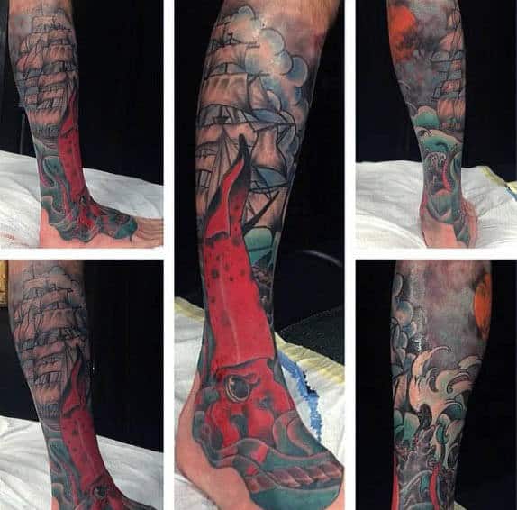 Incredible Squid And Ship Tattoo On Leg And Foot For Men