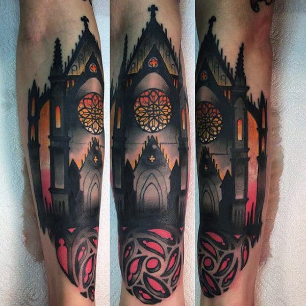 Incredible Stained Glass Mens Tattoo Of Church On Forearm