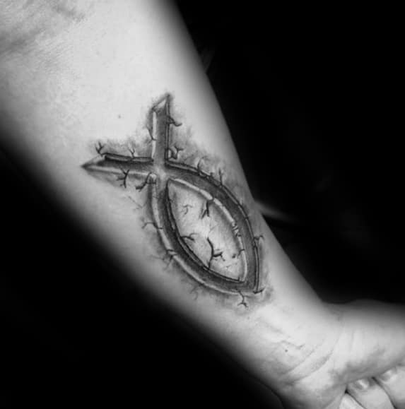 Incredible Stone 3d Inner Forearm Ichthus Tattoos For Men