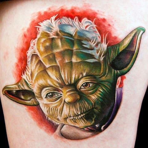 Incredible Thigh Realistic 3d Yoda Portrait Tattoo For Guys