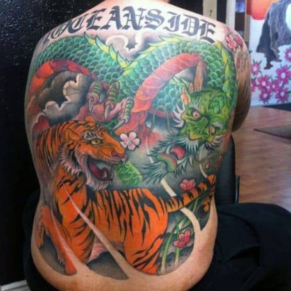Incredible Tiger With Green Dragon Tattoos For Men