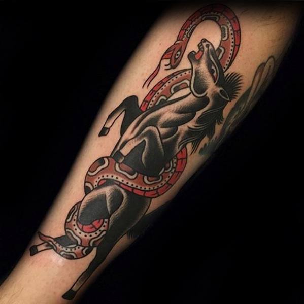 Traditional tattoo of a rearing black horse entangled with a red and white snake, inked along the forearm in bold style.