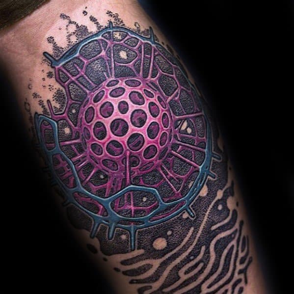 Futuristic tattoo of a 3D purple sphere with hexagonal holes, surrounded by a blue network and black organic textures resembling cells.