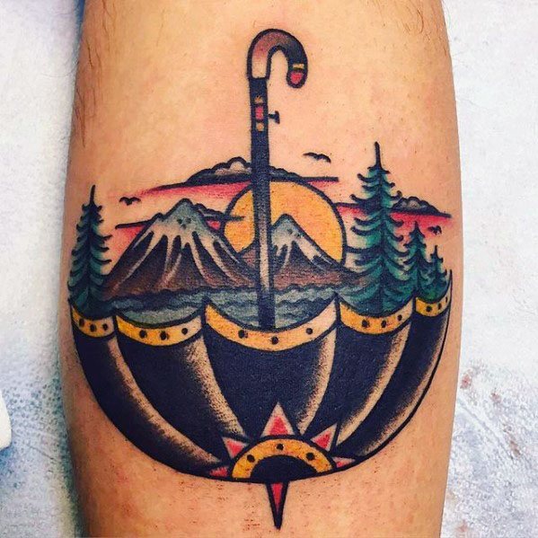 Incredible Umbrella Nature Landscape Leg Tattoos For Men