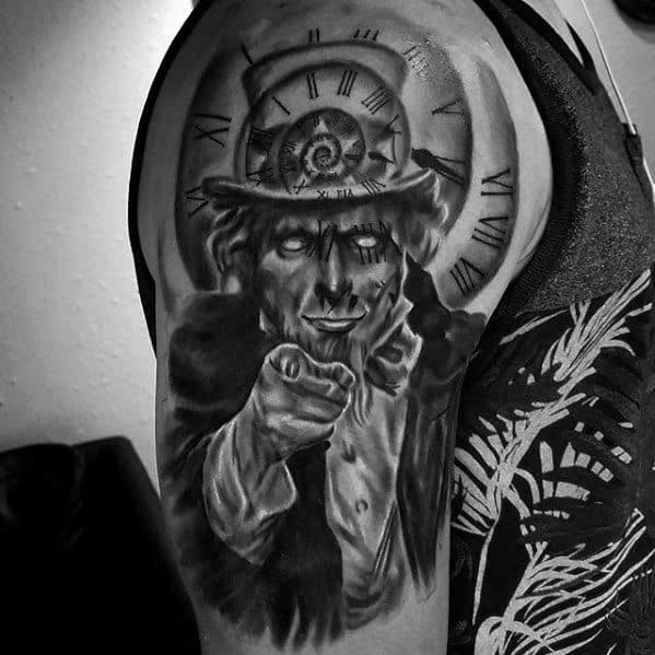Dark surreal Uncle Sam tattoo with glowing eyes, a pointing pose, and a clock with Roman numerals and a spiral on his hat.