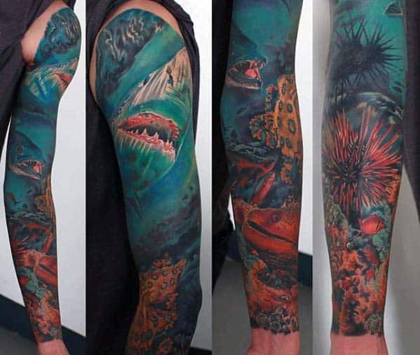 Incredible Underwater Blue Sea Ocean Male Sleeve Tattoos