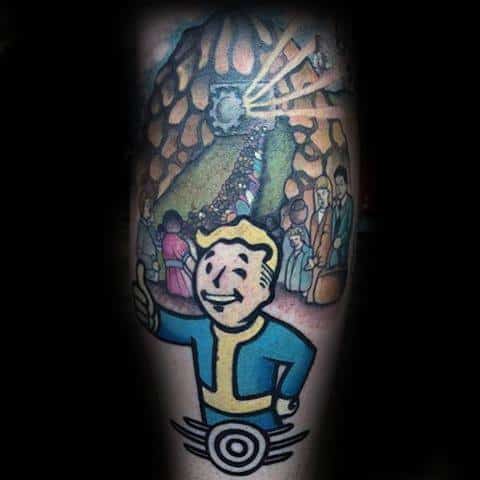 Vault Boy tattoo in front of a detailed Vault-Tec scene, showing people entering a vault with dramatic lighting and post-apocalyptic vibes.