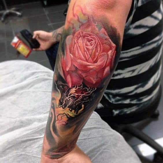 Incredible Watercolor Pink Rose Mens Forearm Sleeve Tattoo