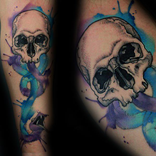 Incredible Watercolor Skull Snake Forearm Tattoos For Men