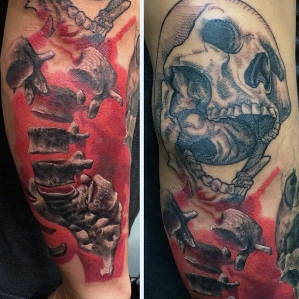 Incredible Watercolor Spinal Cord Red Ink With Skull Tattoos For Guys