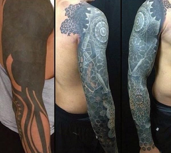 Incredible White Ink Tattoo Sleeve Cover Up For Males With Geometric Shapes