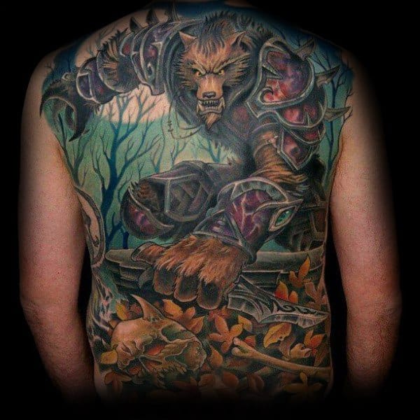Full back tattoo of a Worgen warrior from World of Warcraft, featuring detailed armor, a fierce expression, and a dark forest background.