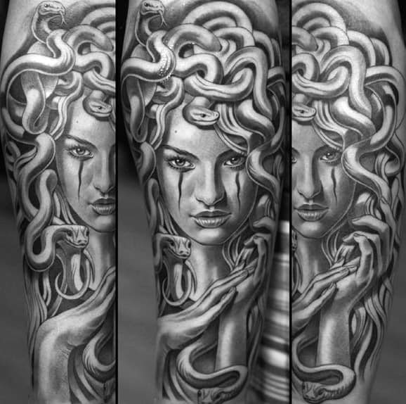 Incredibly Detailed Grey And Black Ink Male Medusa Tattoos
