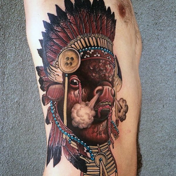 Indian Bison Blowing Steam Mens Rib Cage Side Tattoos