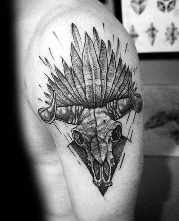 Indian Feather Bull Skull Upper Arm Tattoos For Men