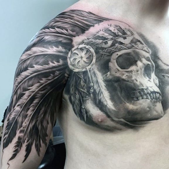 Indian Feather Head With Skull Guys Cool Chest Tattoos