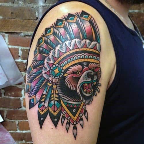 Indian Head Mens Traditional Bear Arm Tattoo Designs