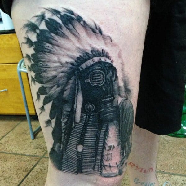 Indian Mens Gas Mask Tattoo On Leg Thigh