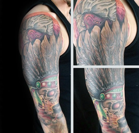 Indian Skull With Feathers Chicago Blackhawks Mens Tattoo Half Sleeve