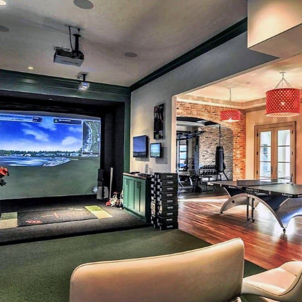 Room with a golf simulator, modern furniture, a ping pong table, and gym equipment in the background