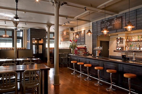 Cozy bar interior with wooden floors, tall stools, chalkboard menus, and warm pendant lighting