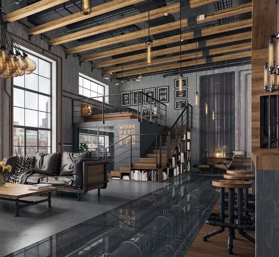 Modern industrial loft with wooden beams, metal accents, and mezzanine level.