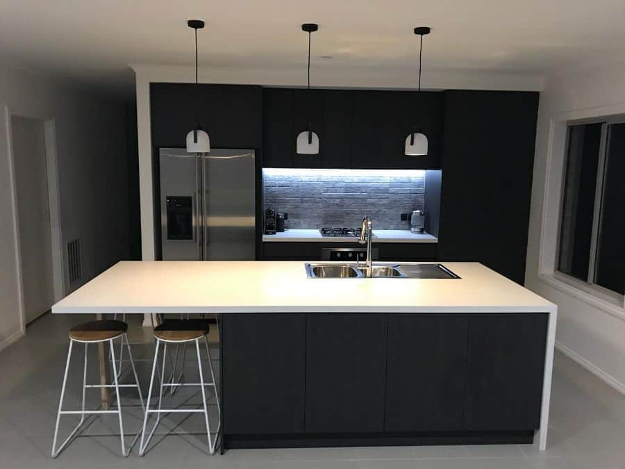 modern industrial kitchen white bar black cabinets